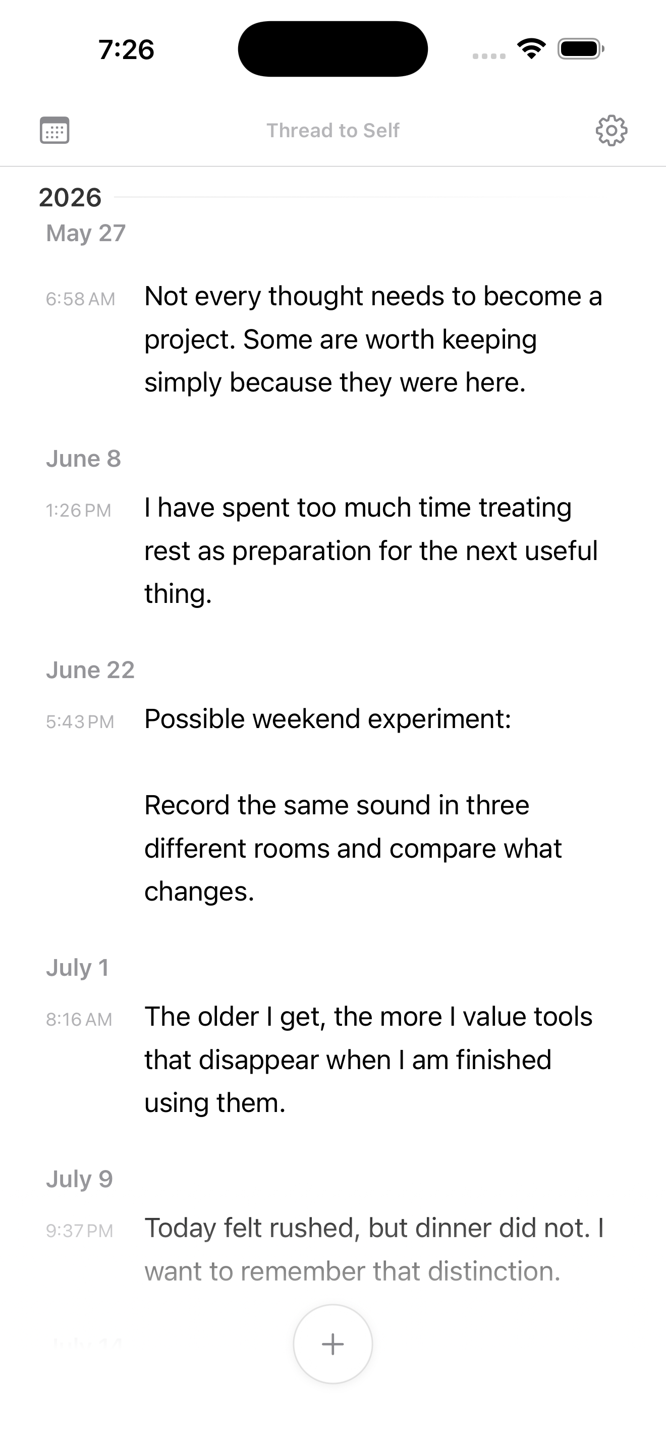 Thread to Self showing a continuous stream of dated personal messages